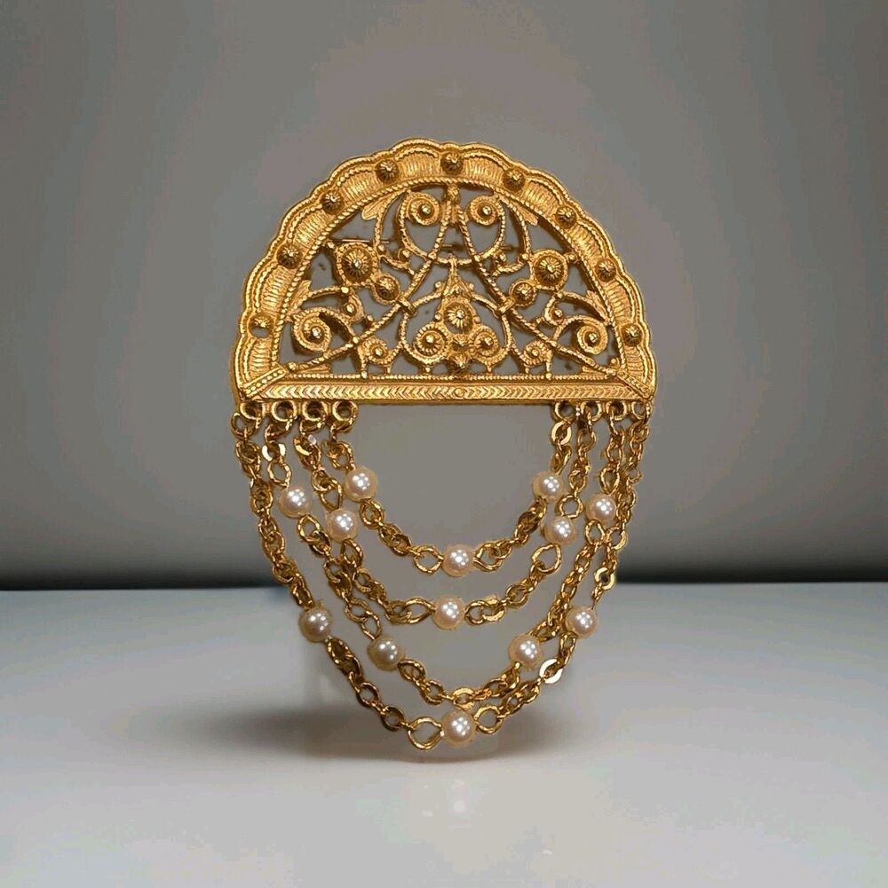 Vintage Monet Gold Tone Filigree Brooch Pin White Imitation Pearl Chain Dangles
